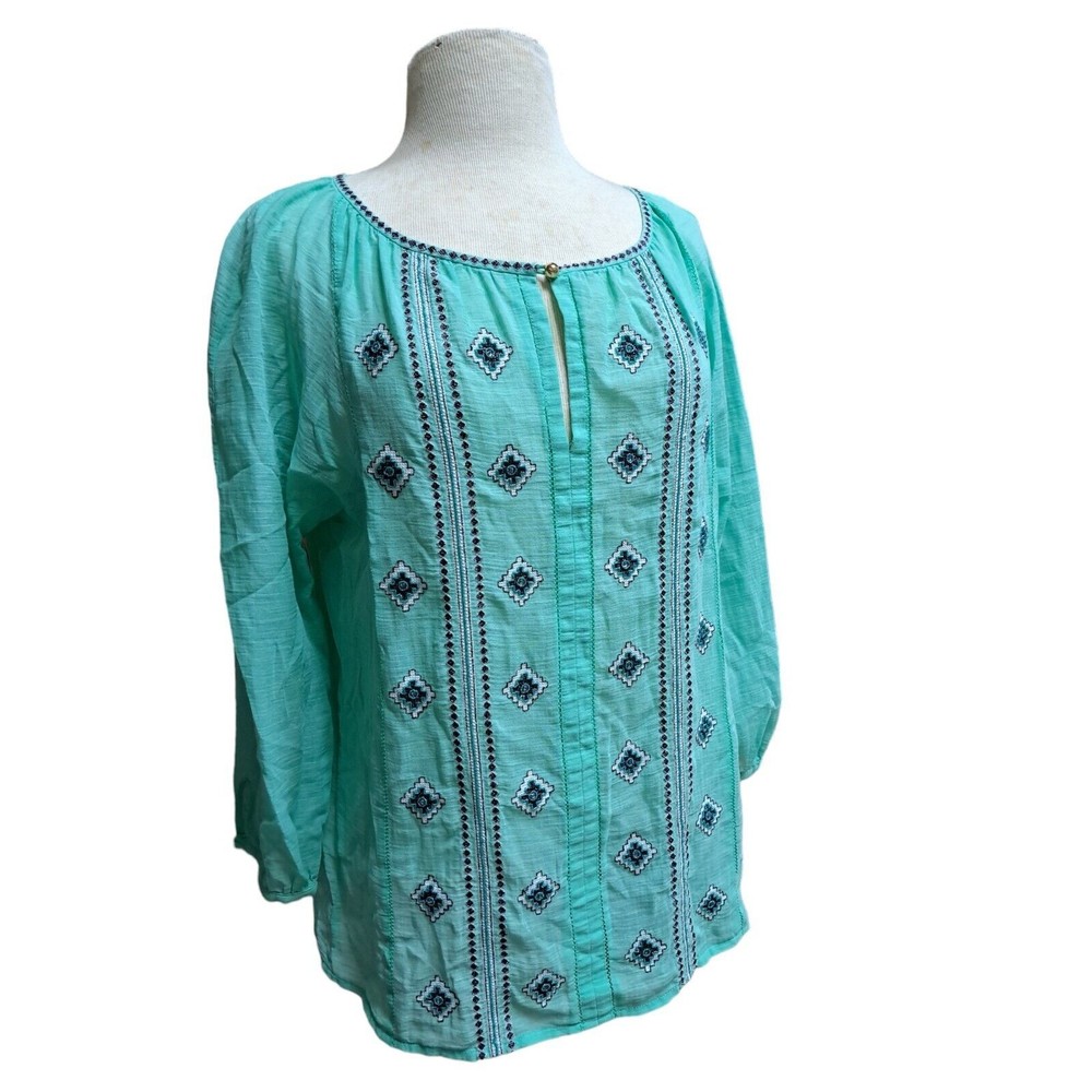 Tory Burch Lucille Women's Top Blouse Size 8 Green Embroidered Beaded Tunic